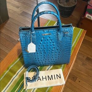 Brahmin Caroline satchel made from blue Melbourne embossed leather.